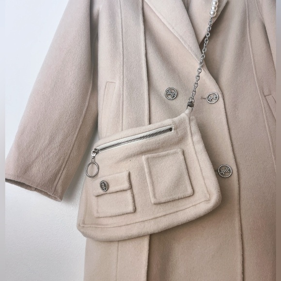 Elegant 100% Wool Beige Coat with Pearl Embellished Matching Bag - Size M - Picture 10 of 15